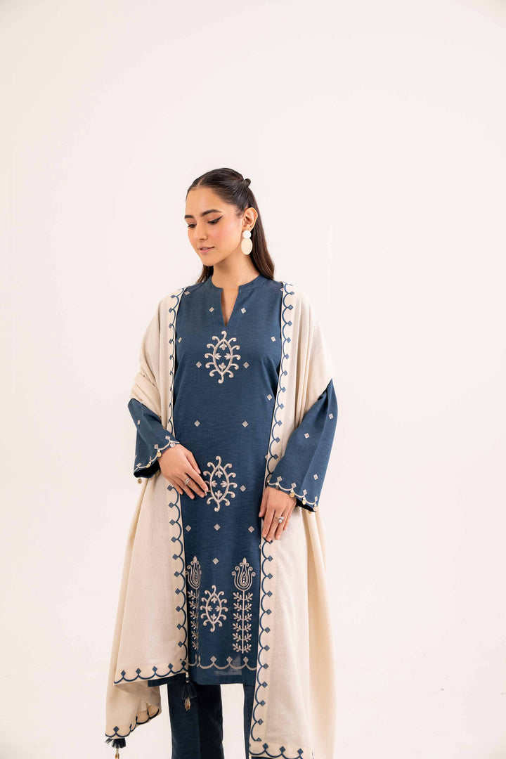 3 Piece Beige & Teal Karandi Suit