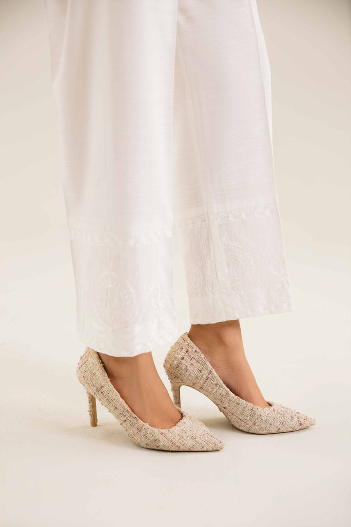 White Khaddar Embroidered Winter Trousers