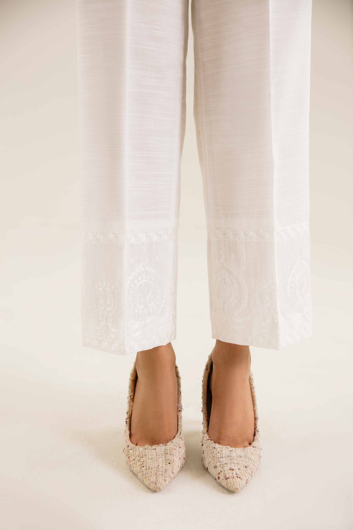 White Khaddar Embroidered Winter Trousers