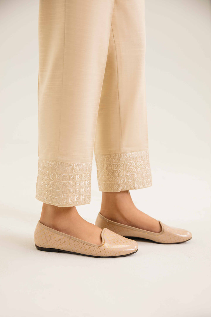 Beige Khaddar Embroidered Winter Trousers