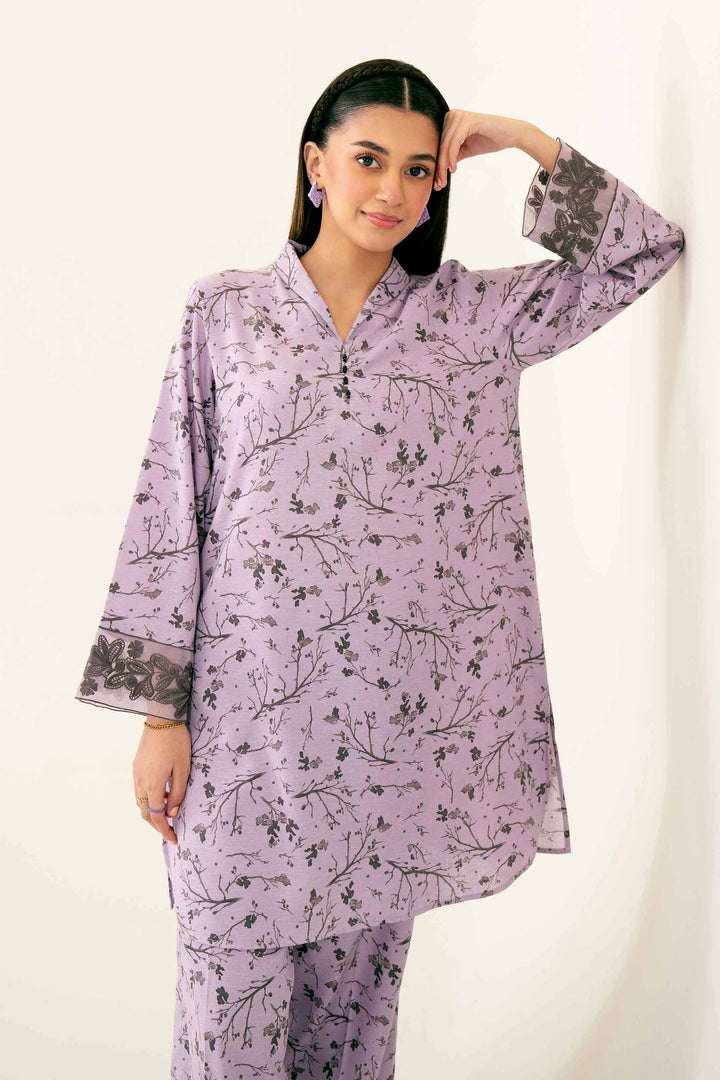 2 Piece Printed Embroidered Mauve Karandi Winter Suit