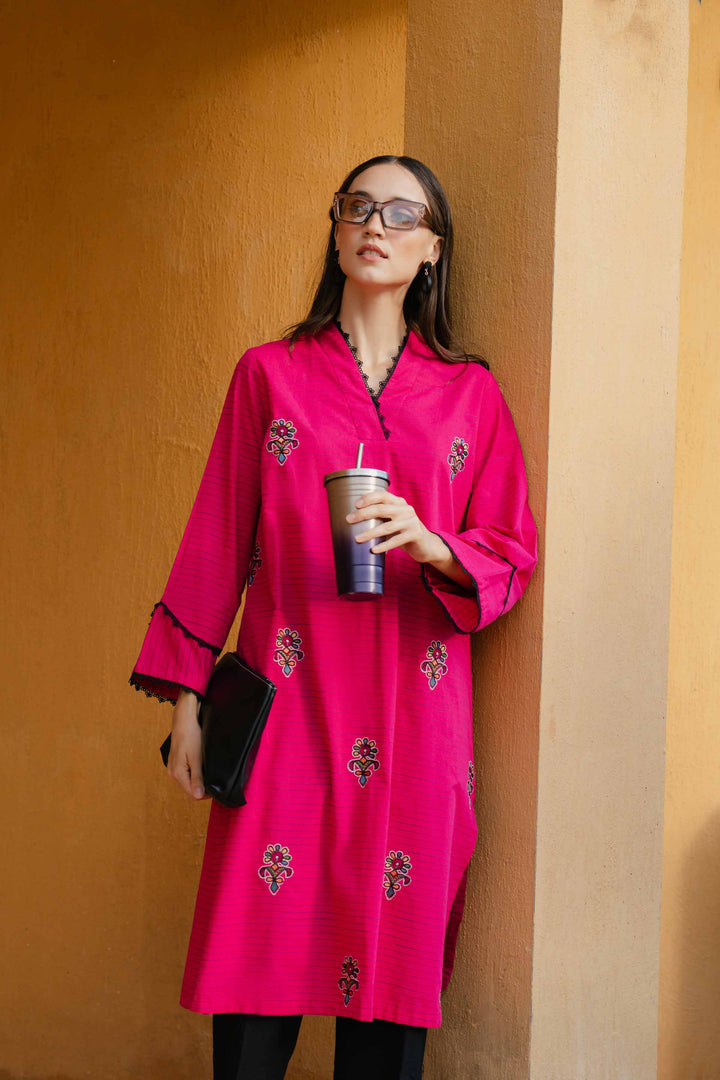 Yarn Dyed Fuchsia Embroidered Winter Shirt