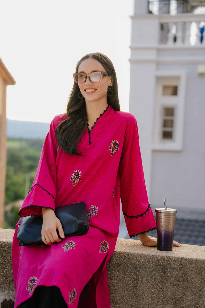 Yarn Dyed Fuchsia Embroidered Winter Shirt