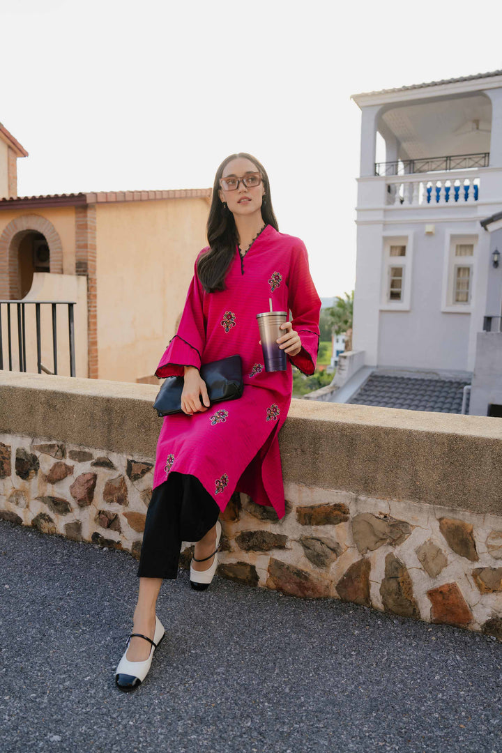 Yarn Dyed Fuchsia Embroidered Winter Shirt