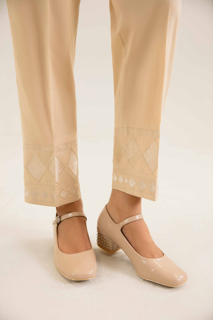 Beige Cambric Embroidered Winter Trousers