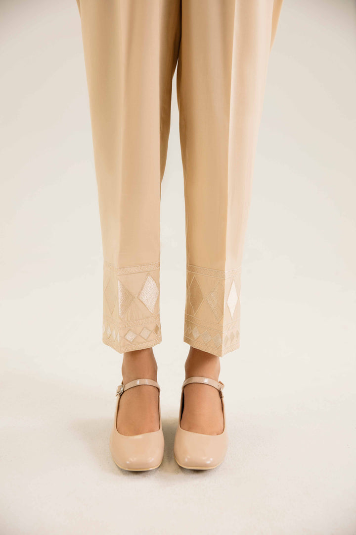 Beige Cambric Embroidered Winter Trousers