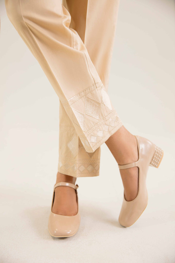 Beige Cambric Embroidered Winter Trousers