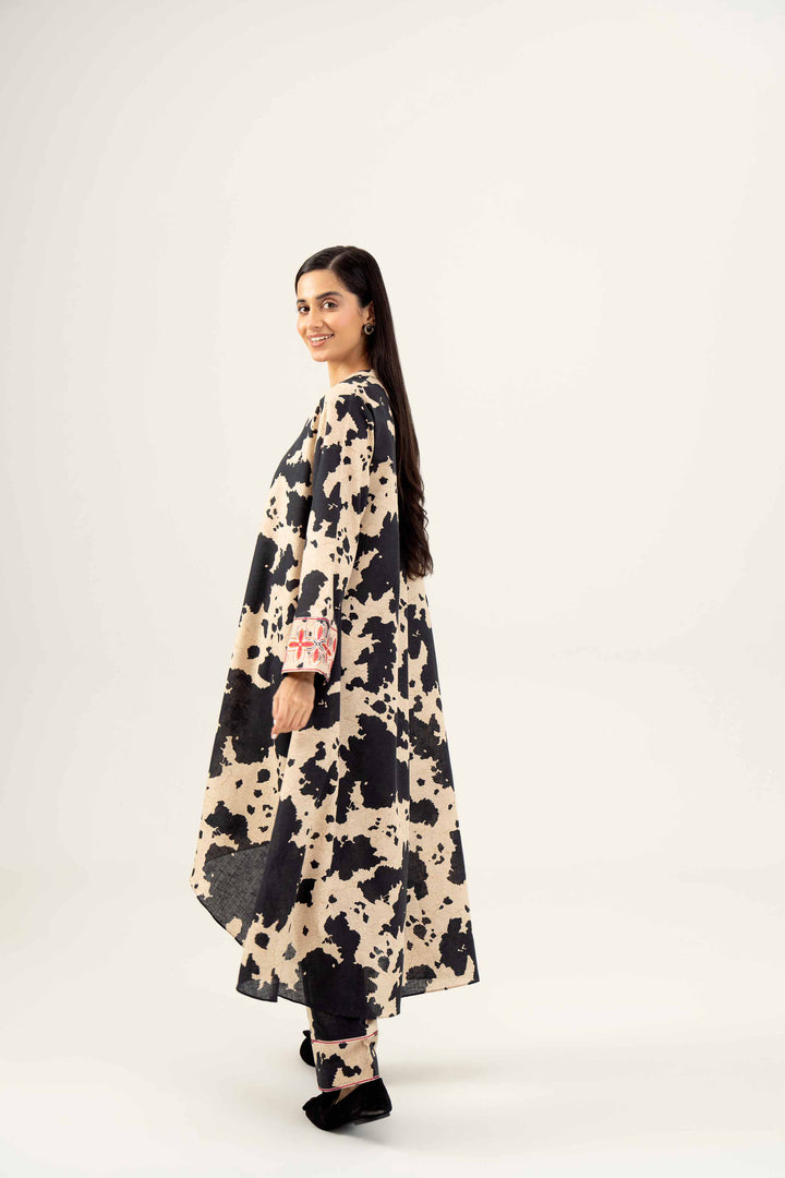 2 Piece Printed Embroidered Black & Beige Khaddar Suit