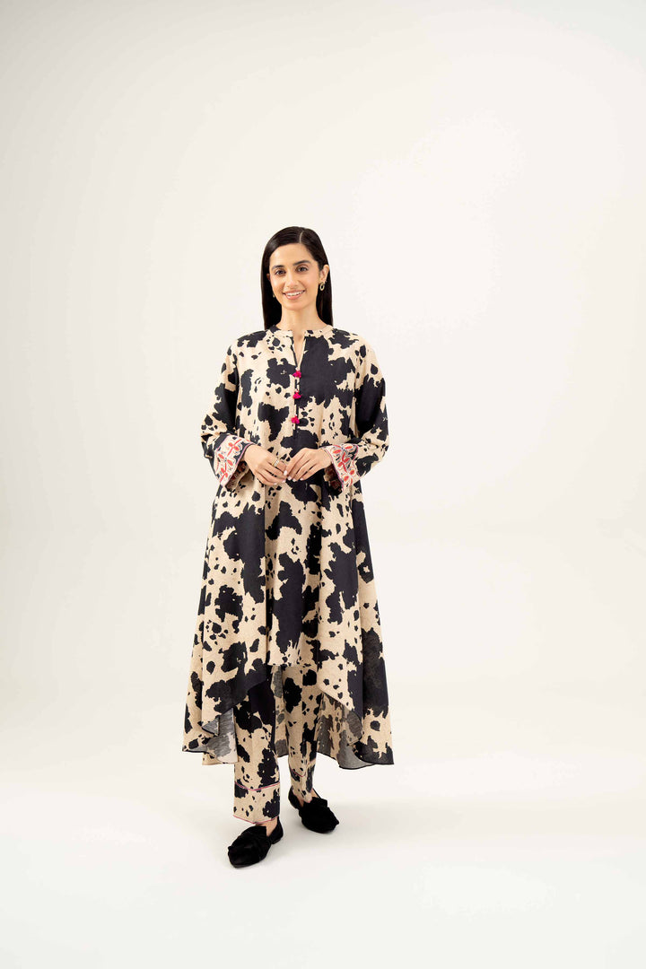 2 Piece Printed Embroidered Black & Beige Khaddar Suit