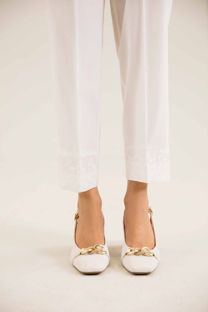 White Cambric Embroidered Winter Trousers