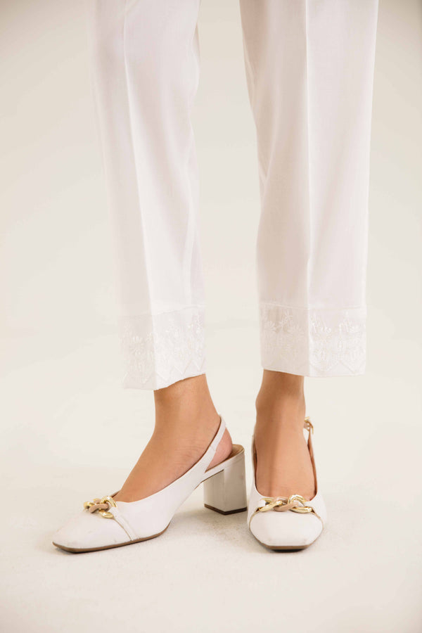 White Cambric Embroidered Winter Trousers