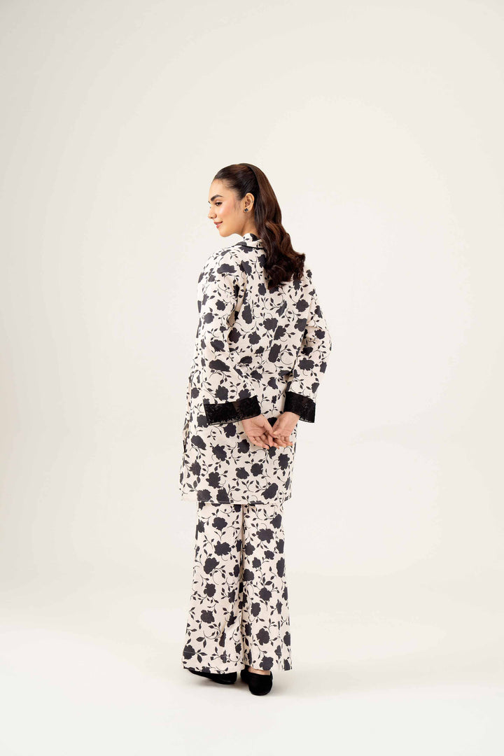 2 Piece Printed Embroidered Black & White Karandi Winter Suit