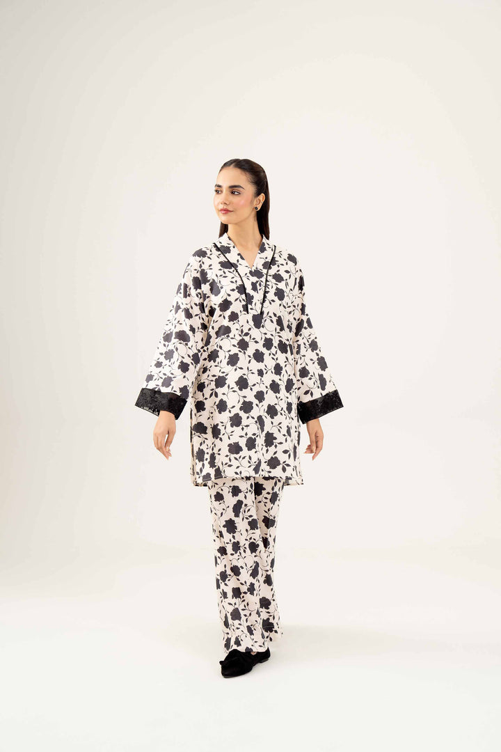 2 Piece Printed Embroidered Black & White Karandi Winter Suit