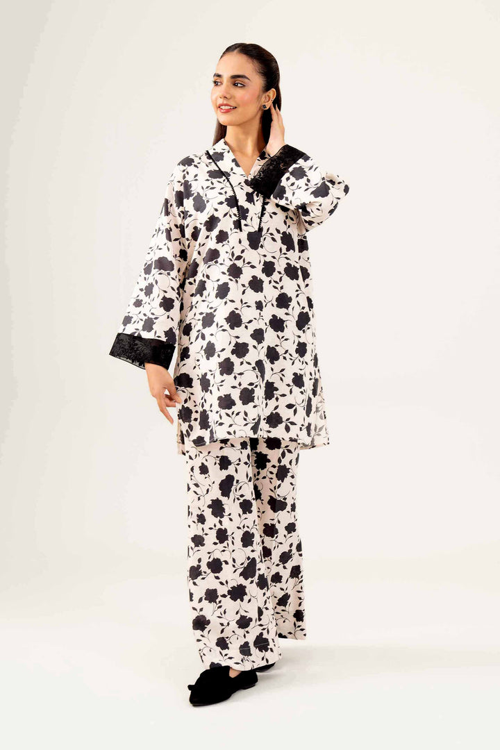 2 Piece Printed Embroidered Black & White Karandi Winter Suit