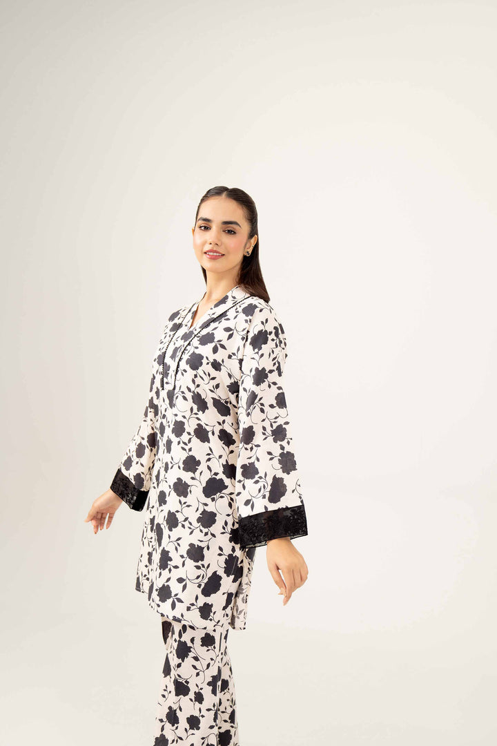 2 Piece Printed Embroidered Black & White Karandi Winter Suit