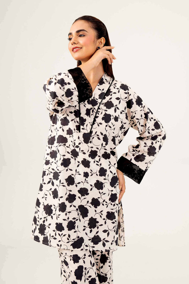 2 Piece Printed Embroidered Black & White Karandi Winter Suit