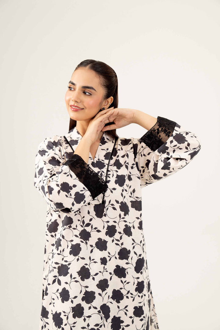 2 Piece Printed Embroidered Black & White Karandi Winter Suit