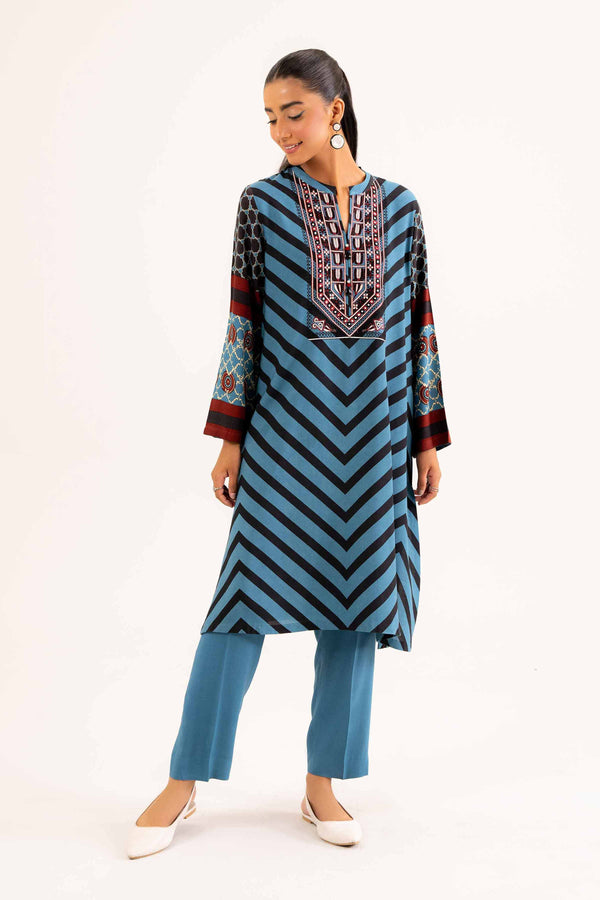 2 Piece Printed Embroidered Blue Linen Suit