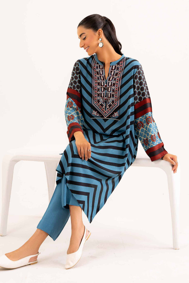 2 Piece Printed Embroidered Blue Linen Suit