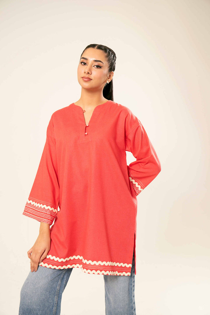 Karandi Red Embroidered Tunic