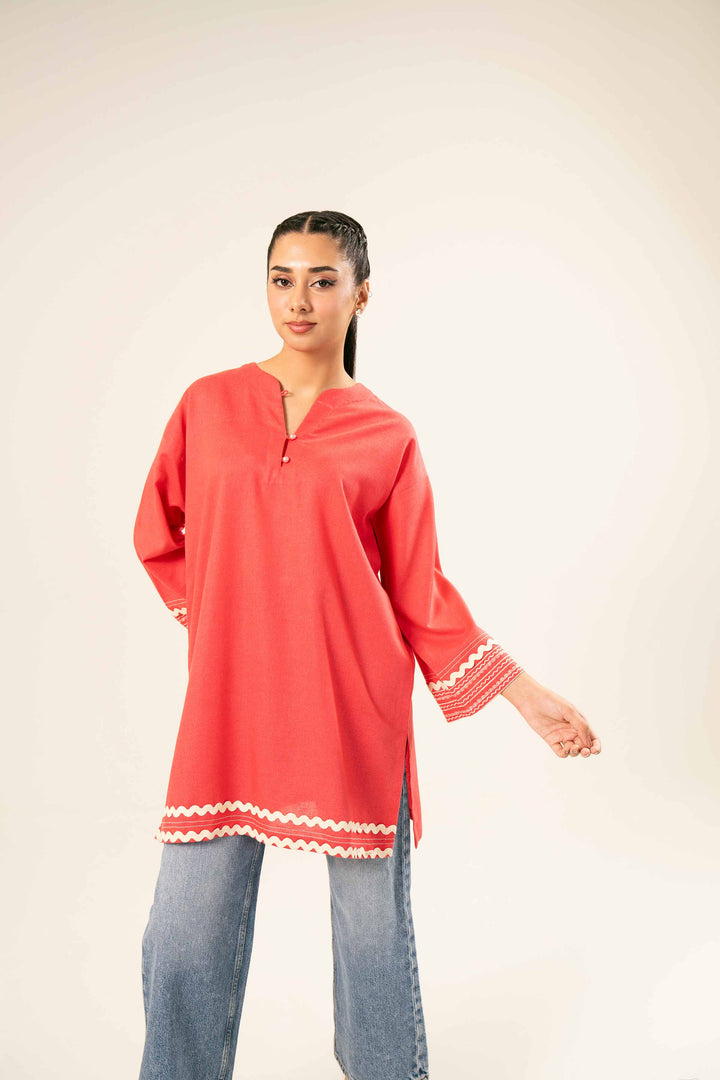 Karandi Red Embroidered Tunic