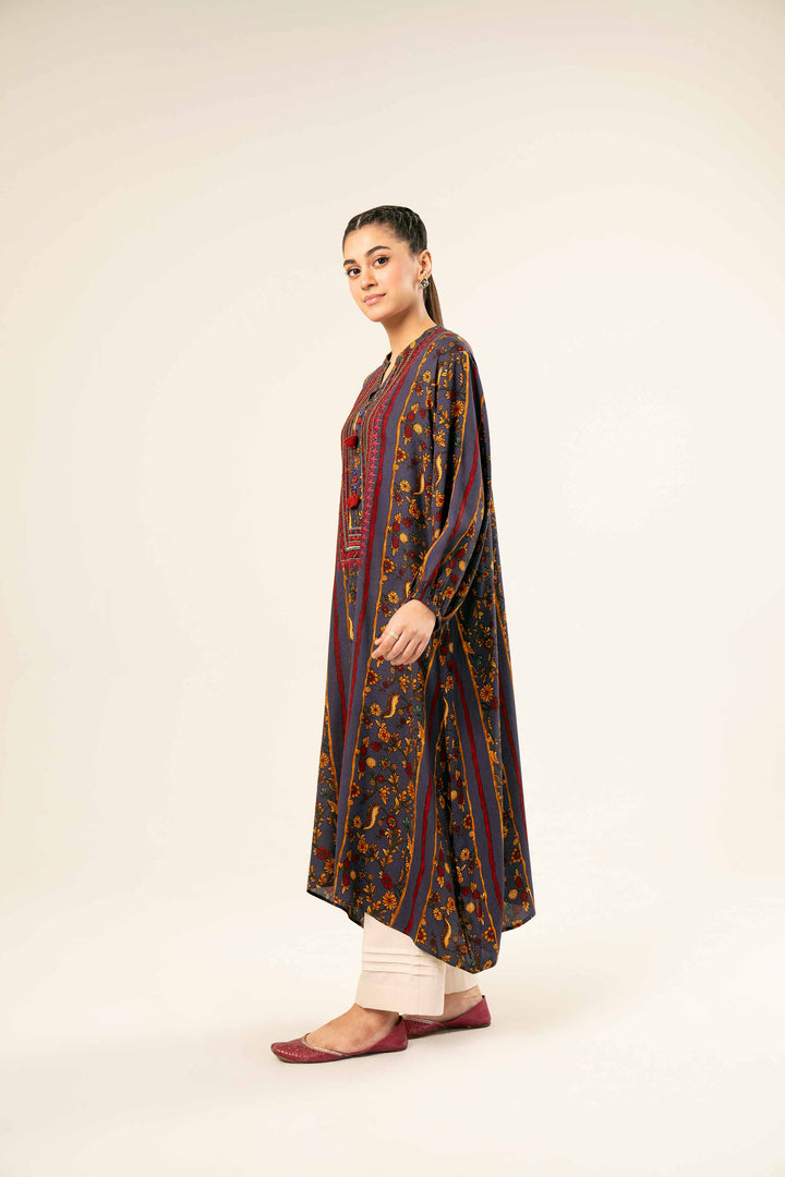 Linen Purple Printed Embroidered Shirt