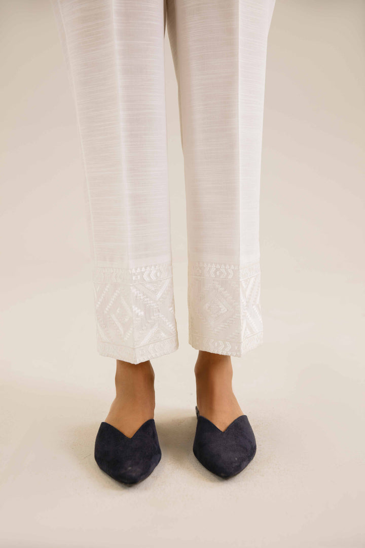 White Khaddar Embroidered Winter Trousers