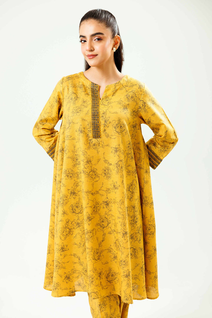 2 Piece Printed Embroidered Mustard Karandi Winter Co-Ord Set