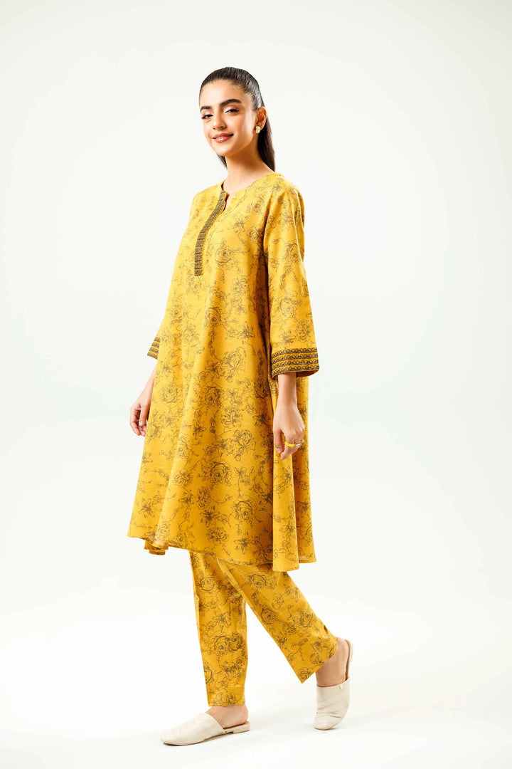 2 Piece Printed Embroidered Mustard Karandi Winter Co-Ord Set