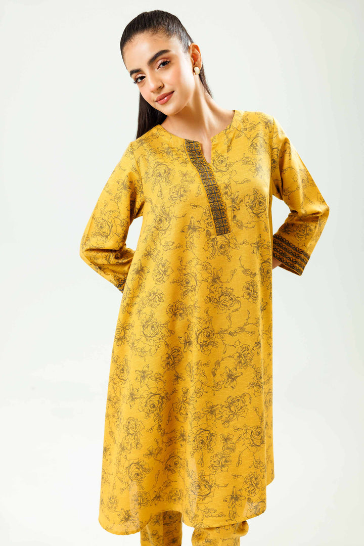 2 Piece Printed Embroidered Mustard Karandi Winter Co-Ord Set