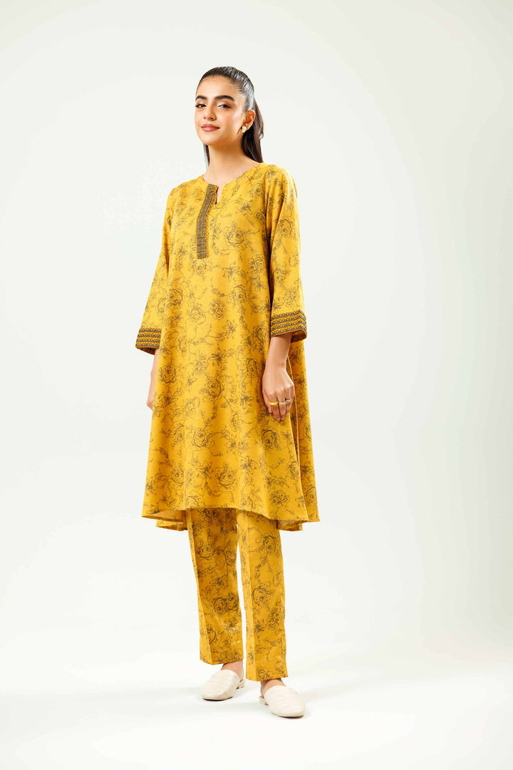 2 Piece Printed Embroidered Mustard Karandi Winter Co-Ord Set