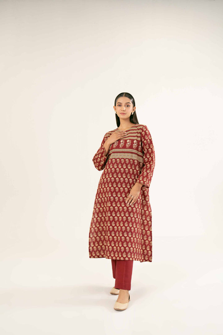 Printed Maroon Khaddar Suit