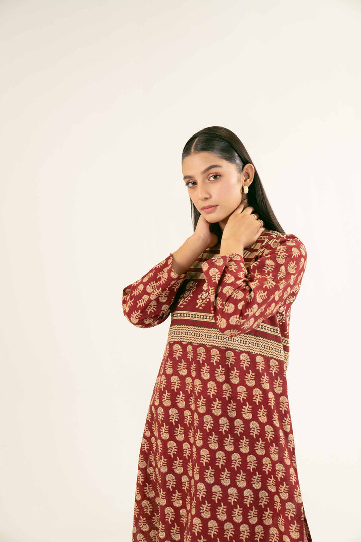 Printed Maroon Khaddar Suit