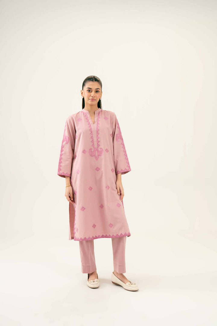 2 Piece Embroidered Yarn Dyed Pink Winter Suit