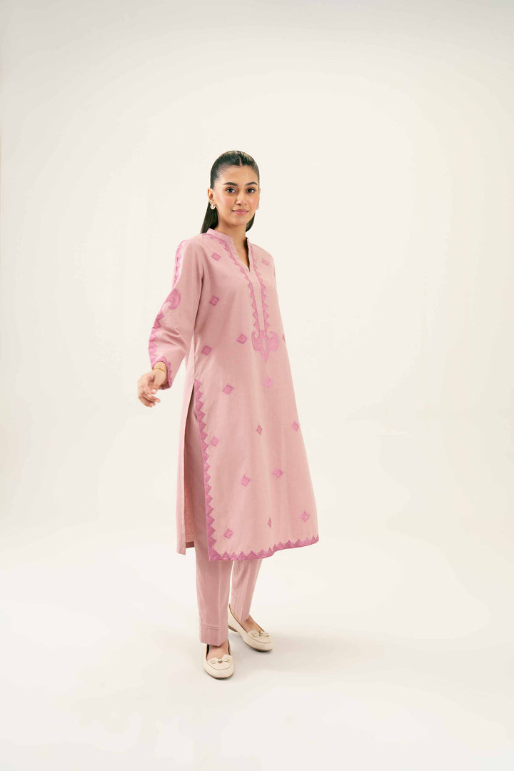 2 Piece Embroidered Yarn Dyed Pink Winter Suit