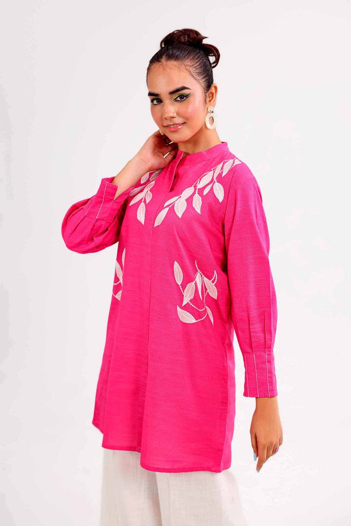 Shocking Pink Karandi Embroidered Winter Tunic