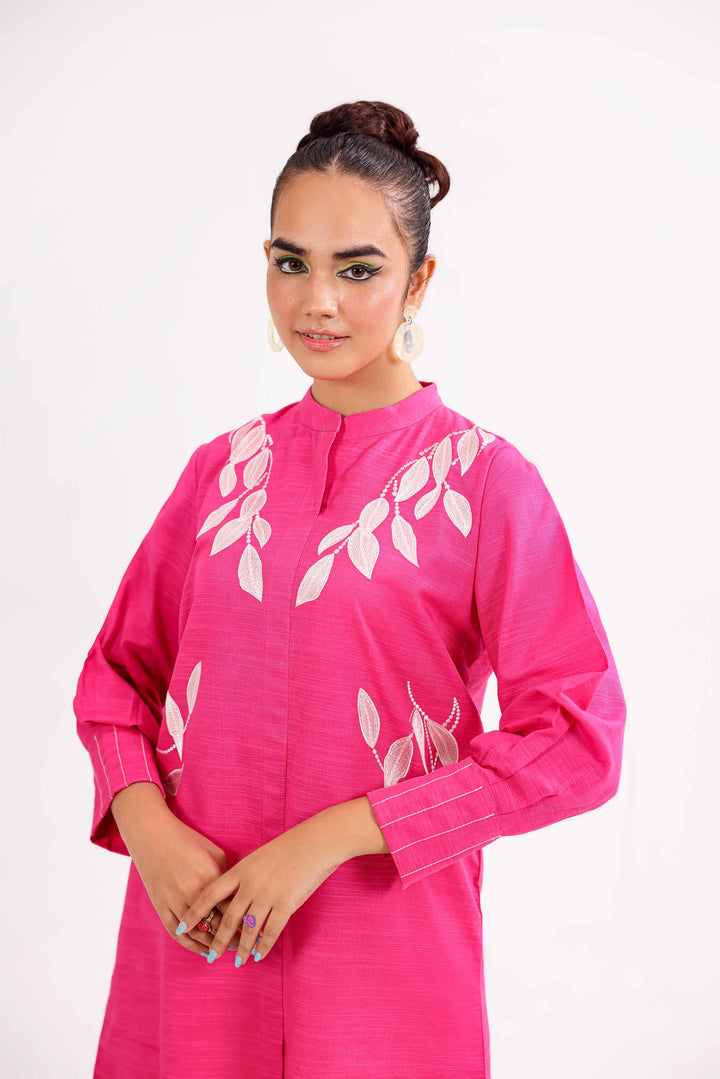 Shocking Pink Karandi Embroidered Winter Tunic