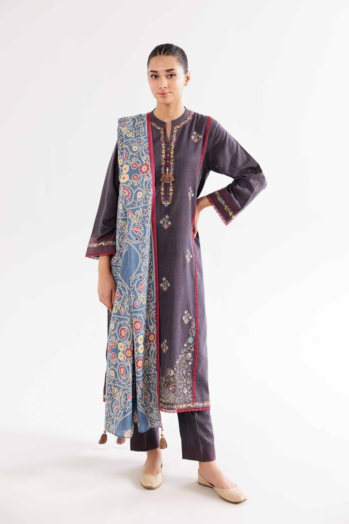 Printed Embroidered Zinc & Grey Karandi Suit