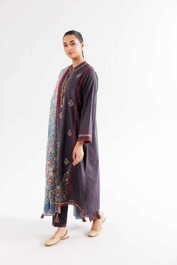 Printed Embroidered Zinc & Grey Karandi Suit