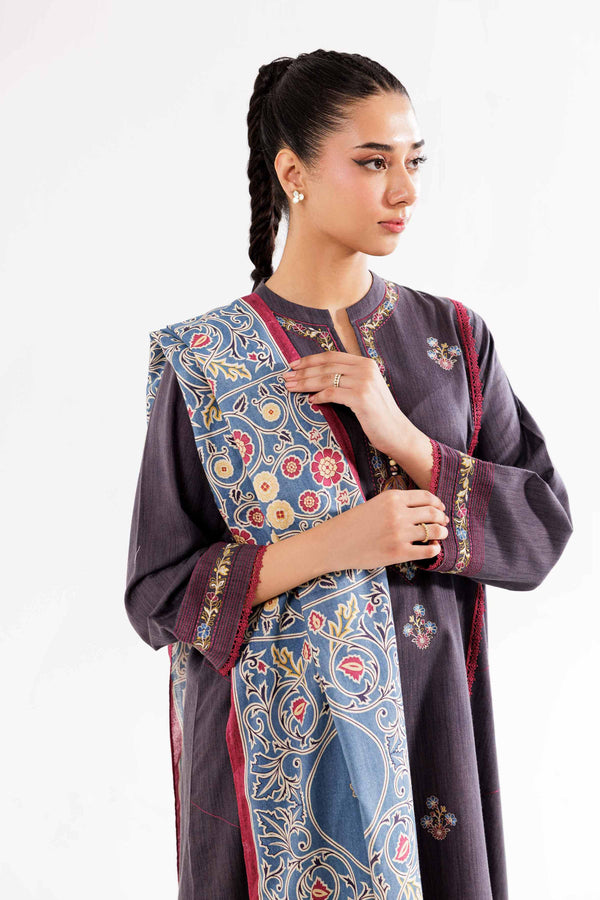 Printed Embroidered Zinc & Grey Karandi Suit