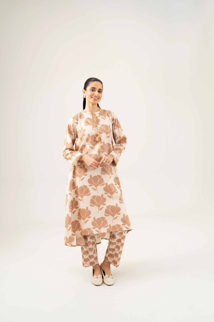 2 Piece Embroidered Winter Dobby Beige Suit