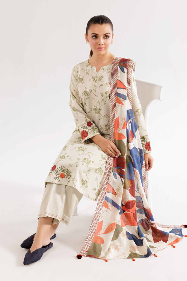 Printed Embroidered Beige Karandi Suit