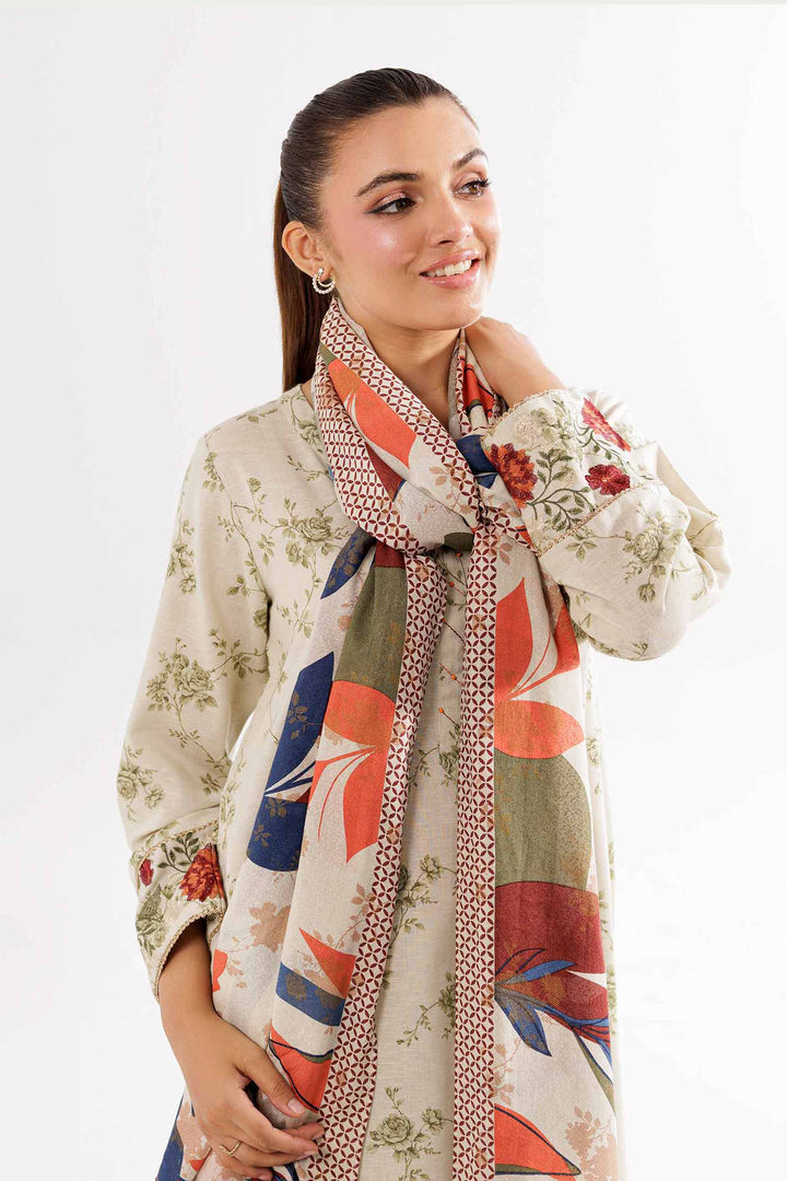 Printed Embroidered Beige Karandi Suit