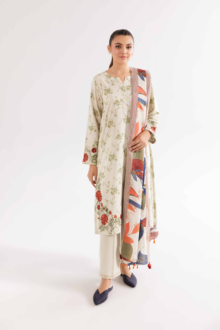 Printed Embroidered Beige Karandi Suit