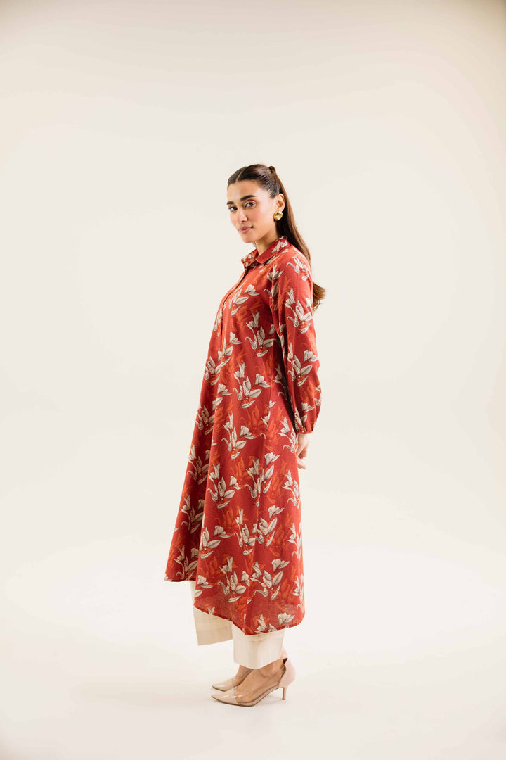 Rust Karandi Printed Winter Dress