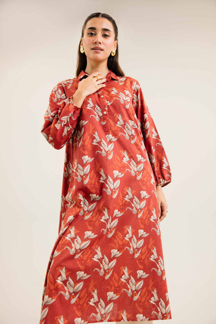 Rust Karandi Printed Winter Dress