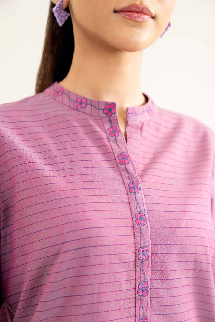 Yarn Dyed Purple Embroidered Winter Shirt