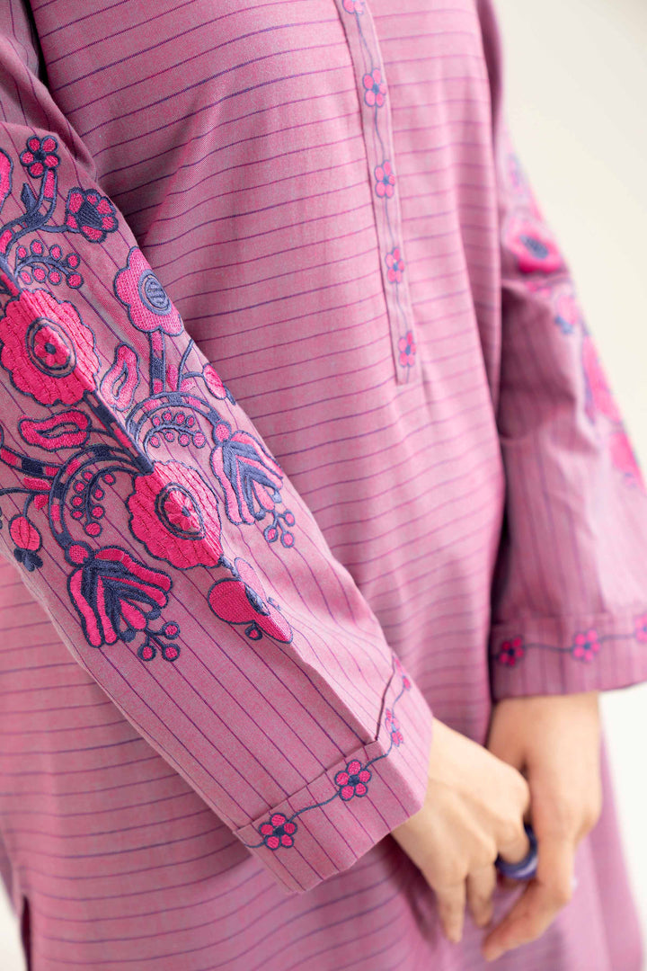 Yarn Dyed Purple Embroidered Winter Shirt