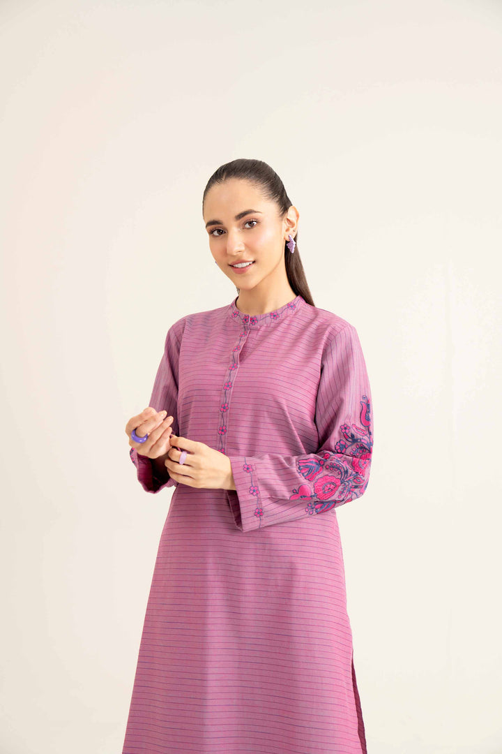 Yarn Dyed Purple Embroidered Winter Shirt