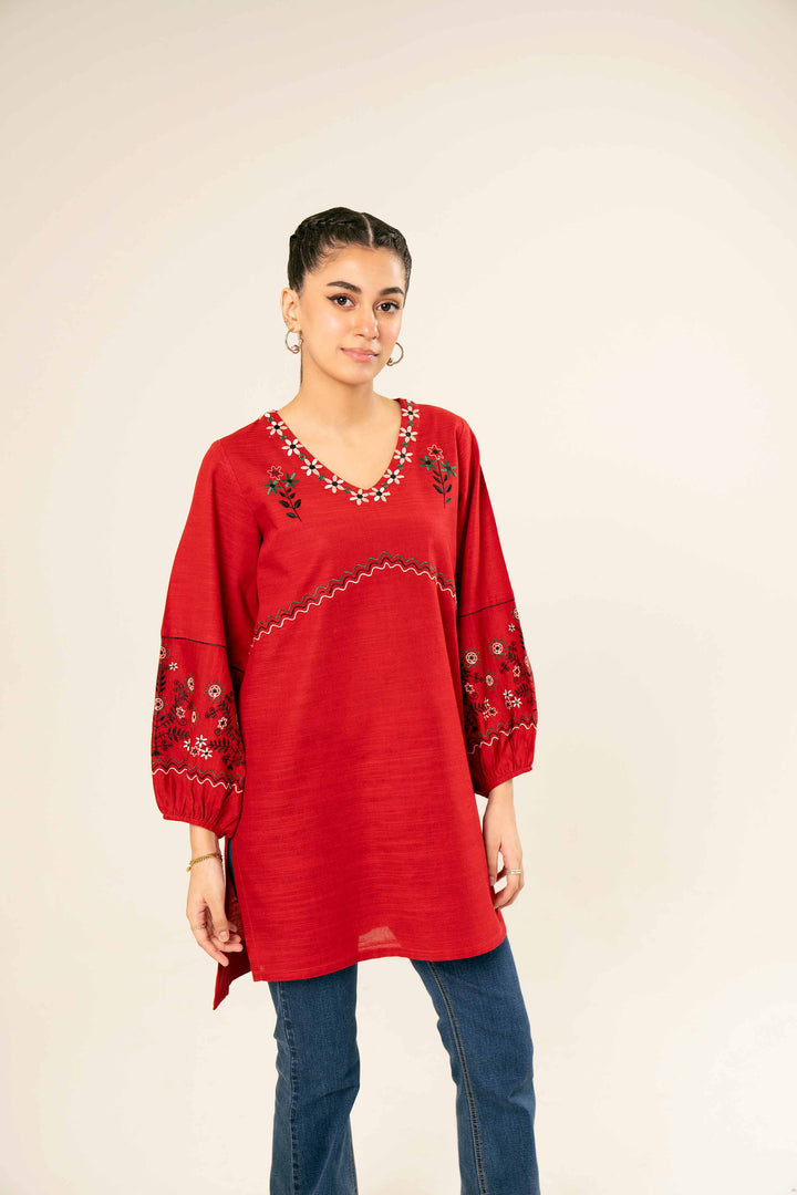 Khaddar Red Embroidered Tunic